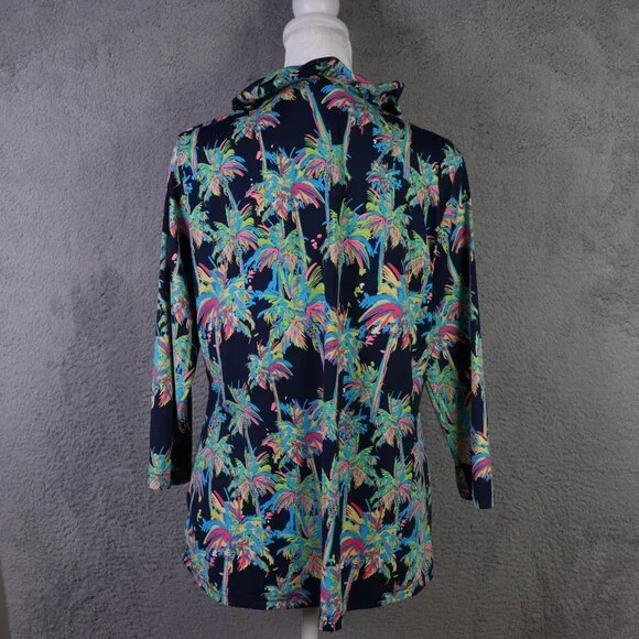 Anthony’s Resort Wear Top Womens M Blue Multicolor Palm Tree Ruffle V Neck - Picture 2 of 9